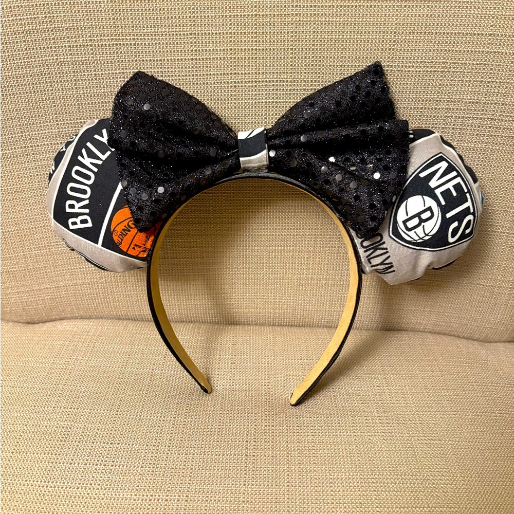 Brooklyn Nets Mickey Minnie Ears Black Sparkle Bow